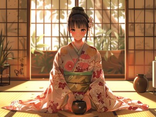 A serene young woman in a traditional kimono prepares tea in a tranquil room. Generative AI