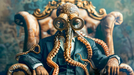 Obraz premium Surreal digital of a stylish fashionable octopus creature wearing a suit and glasses sitting confidently on an ornate throne in a fantastical conceptual scene