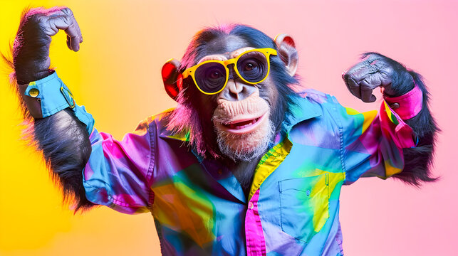 A digitally created image of a cheerful monkey character wearing a colorful stylish fashion outfit and sunglasses dancing energetically in a vibrant abstract background