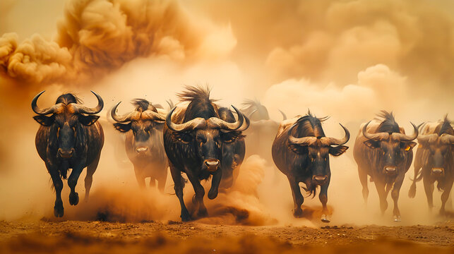 Close up of a large herd of wildebeests or gnus running on a dirt road kicking up a cloud of dust against a dramatic hazy savanna landscape in the background  The ungulates are in motion