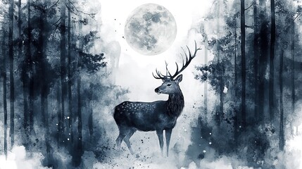 A majestic stag stands under a full moon amidst a mystical forest shrouded in mist during a serene night