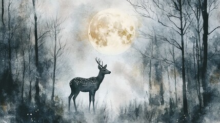 A majestic stag stands under a full moon amidst a mystical forest shrouded in mist during a serene night