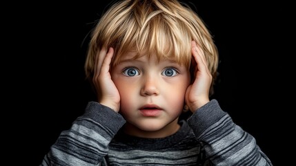 Surprised Young Boy with Hands on Face