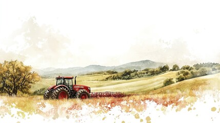 Naklejka premium A tranquil rural landscape featuring rolling green hills, a distant red barn, and a tractor under a clear sky at midday