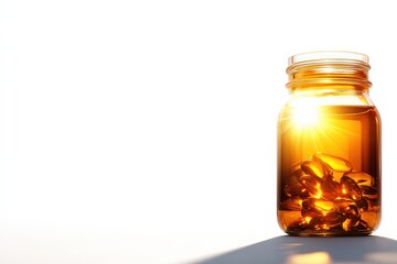 Amber jar of health supplements with golden capsules, white isolate background.