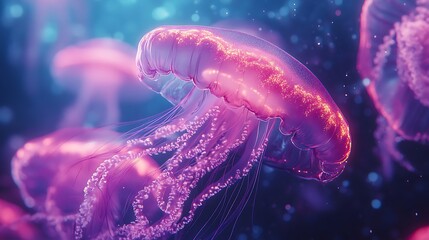 Fototapeta premium Jellyfish in ocean colorful abstract neon light in realistic image