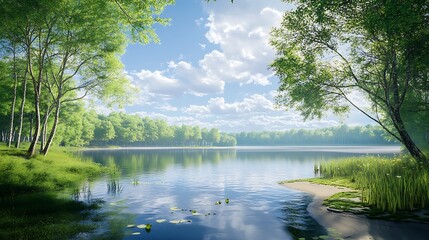 Naklejka premium Scenic illustration of a lush green forest and serene lake on a sunny morning
