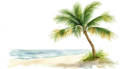 Obraz premium Tropical palm tree swaying gently by the shoreline under a bright blue sky with white clouds in a serene beach setting