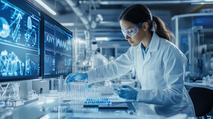 Materials scientists testing new materials in a high-tech lab, observing their properties and applications for various industries