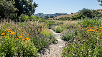 Native plant landscapes with drought-tolerant species and wildflowers, creating a natural, low-maintenance environment in a rural area