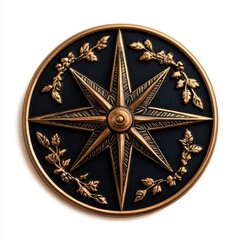 Bronze compass rose on a dark background, intricate design details.