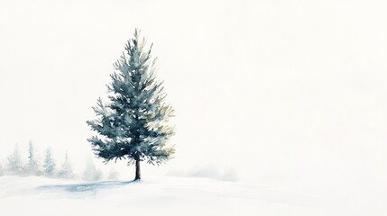Fototapeta premium A solitary evergreen tree standing in a snowy landscape during a foggy winter morning