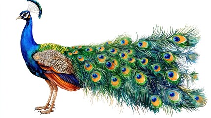 A colorful peacock displaying its vibrant plumage in a natural setting during a sunny day