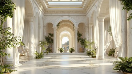 Naklejka premium Serene 3D Marble Antique Interior with Lush Greenery