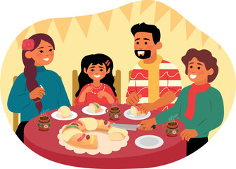 Dibujo familia partiendo rosca de reyes magos, tradición México