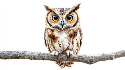Fototapeta premium A beautiful owl perched on a branch surrounded by soft watercolor backgrounds in a serene landscape during early morning light