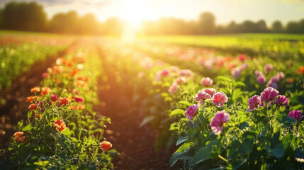 Fototapeta premium Organic flower farming in a rural field, with rows of vibrant flowers blooming under natural sunlight, ready for harvest