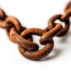 Fototapeta premium Close-up of a rusty metal chain link on a white isolated background.