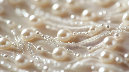 Pearl embellishments scattered across a dress, creating a luxurious, oceanic feel, with each pearl reflecting light like drops of water