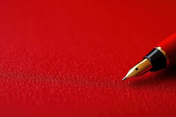 Close-up of a red fountain pen on a textured red surface.