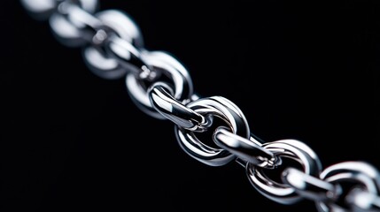 Close-up of a shiny silver chain link on a black background