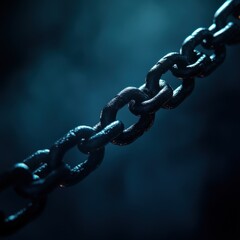 Close-up of a strong metal chain with dark background.