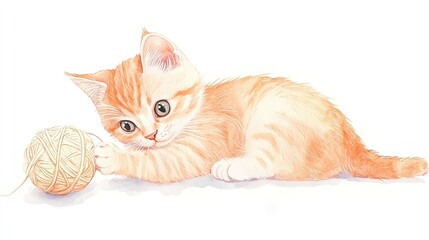 Fototapeta premium Playful kitten captivated by a bright ball of yarn on a clean white background