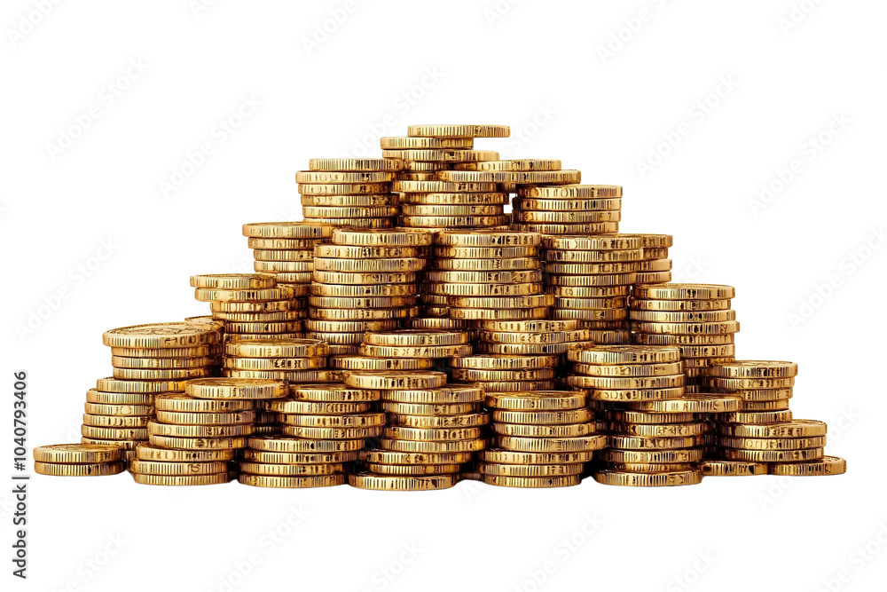 Poster a pile of shiny gold coins stacked in a pyramid on a white isolate background. isolated on transpare