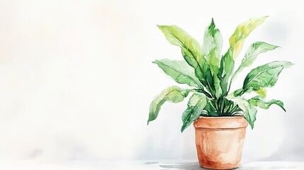 Fototapeta premium A vibrant green plant in a terracotta pot on a white shelf against a light background in a modern indoor setting