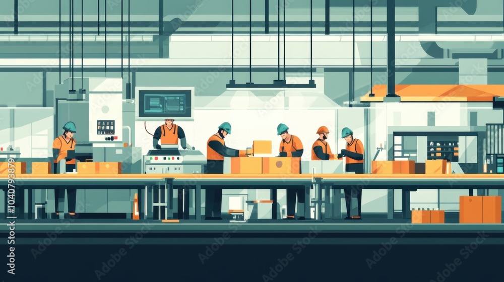 Poster factory scene with workers assembling and packing products.