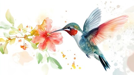 A colorful hummingbird feeding on a vibrant flower during a sunny day in a garden