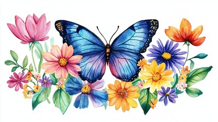 Obraz premium A vibrant blue butterfly perched among colorful wildflowers in a spring garden setting, showcasing nature's beauty and diversity