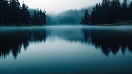 A serene lake surrounded by misty pine forests, reflecting the calm and mysterious atmosphere of nature's beauty. The soft blue tones