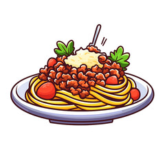 Delicious spaghetti with meat sauce, fresh tomatoes, and herbs on a white plate against a transparent background. isolated on transparent background.