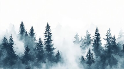 A misty forest landscape with tall trees and soft morning light illuminating the tranquil setting in autumn