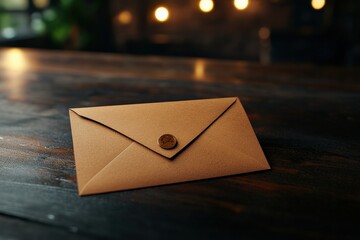 Elegant brown envelope on rustic wooden table, soft lighting.