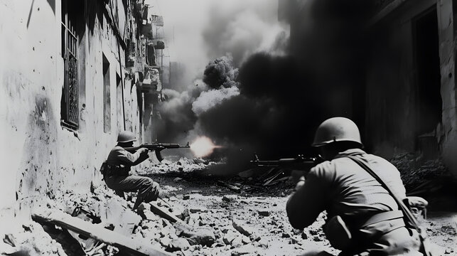 Two soldiers exchanging fire from opposite sides of a narrow street, with debris and smoke filling the air.


