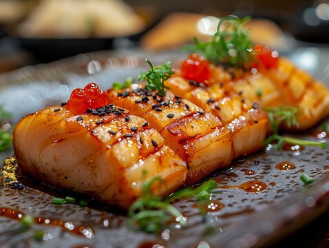 Sizzling grilled salmon garnished with fresh herbs and caviar on a plate. Generative AI