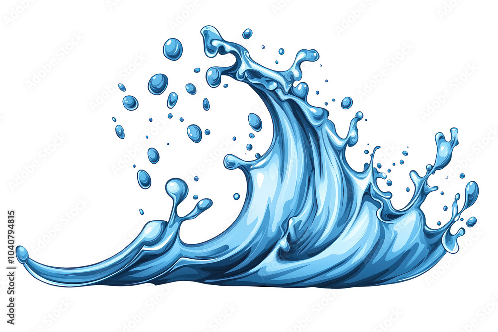 Poster dynamic and vibrant wave with splashes, symbolizing water movement, isolated on a white background. 