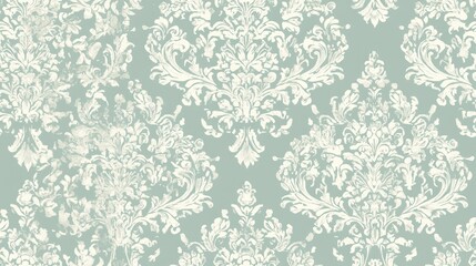 Seamless vintage damask pattern in white on a light green background.