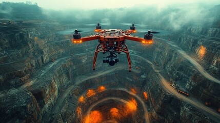 Drone flying over an open pit mine 