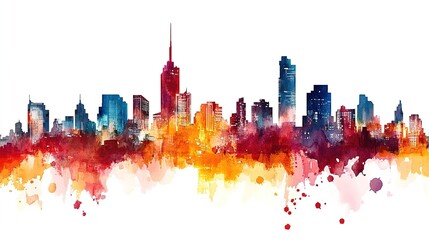 Fototapeta premium Colorful watercolor skyline illustration showcasing urban buildings in a vibrant cityscape during daylight