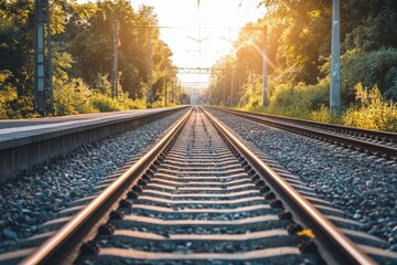 Fototapeta premium Empty train tracks basking in sunlight on a serene day surrounded by lush greenery and trees in the distance