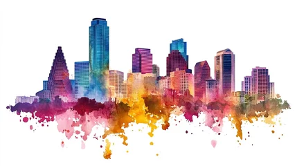 Colorful watercolor skyline illustration showcasing urban buildings in a vibrant cityscape during daylight
