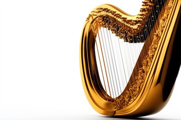 Elegant golden harp on a white isolated background
