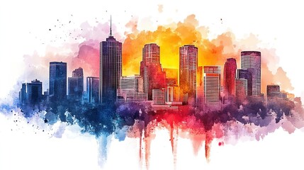 Obraz premium Colorful watercolor skyline illustration showcasing urban buildings in a vibrant cityscape during daylight