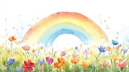 Fototapeta premium Bright watercolor rainbow arching over a vibrant field of wildflowers on a sunny day, creating a cheerful atmosphere