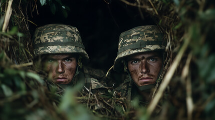 Two soldiers in camouflage crawling through the underbrush, scouting ahead for enemy patrols.


