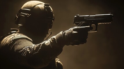 Silhouette of a soldier holding a gun.
