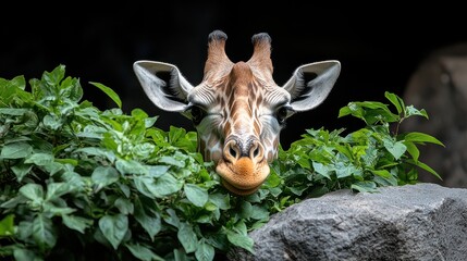 Giraffe peeking from behind lush green plants